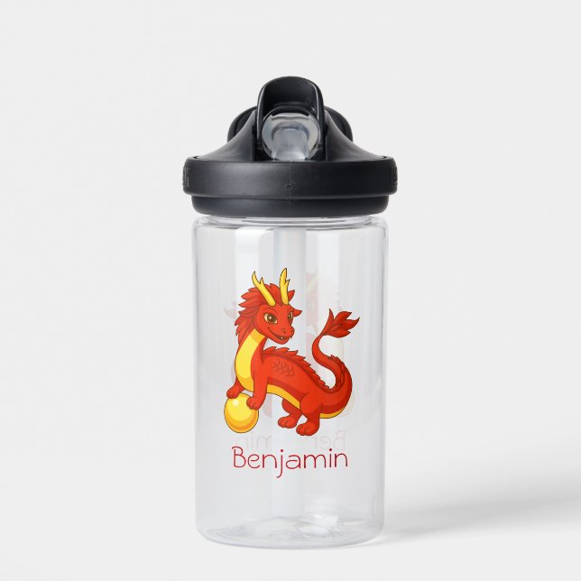 Red Chinese Dragon Custom Name Water Bottle (Front)