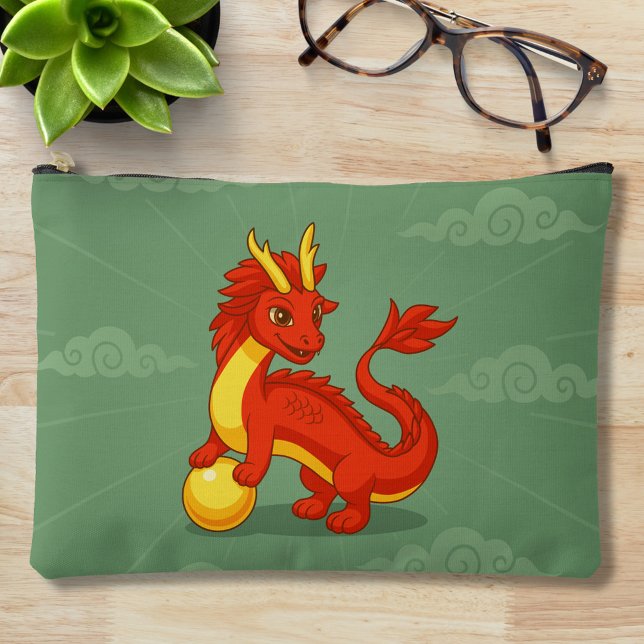 Red Chinese Dragon on Green Accessory Pouch (Creator Uploaded)