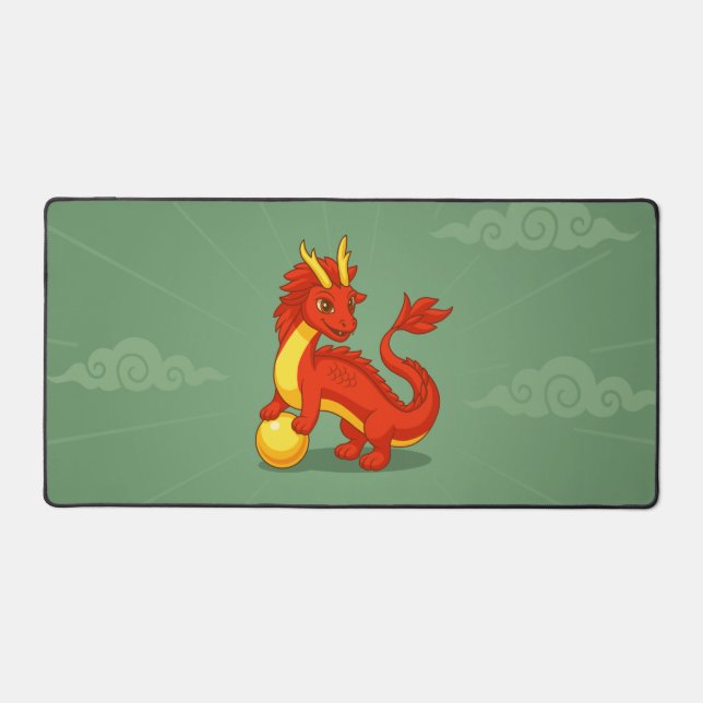 Red Chinese Dragon on Green Desk Mat (Front)
