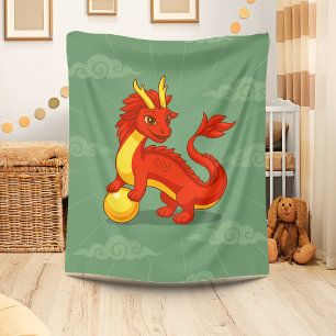 Red Chinese Dragon on Green Fleece Blanket