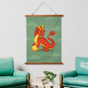 Red Chinese Dragon on Green Hanging Tapestry