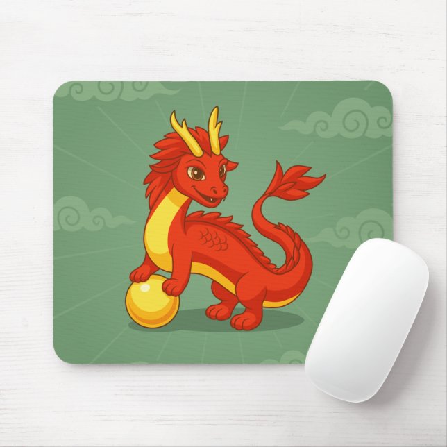 Red Chinese Dragon on Green Mouse Pad (With Mouse)