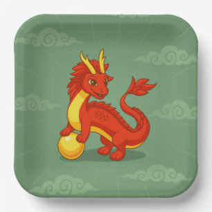 Red Chinese Dragon on Green Paper Plate