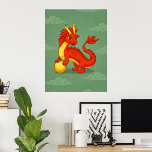Red Chinese Dragon on Green Poster