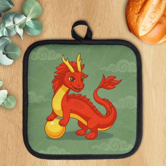 Red Chinese Dragon on Green Pot Holder (Creator Uploaded)