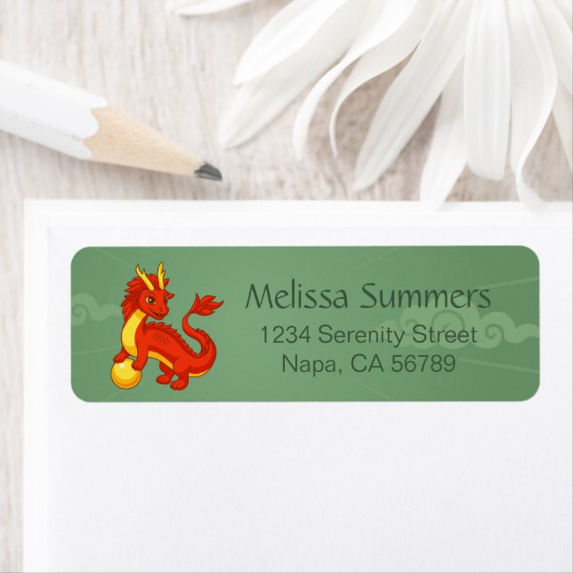 Red Chinese Dragon on Green Return Address Label (Insitu)