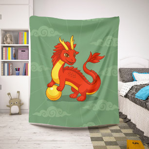 Red Chinese Dragon on Green Sherpa Blanket
