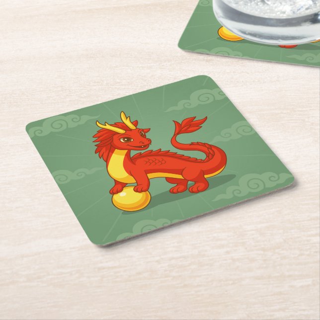 Red Chinese Dragon on Green Square Paper Coaster (Angled)