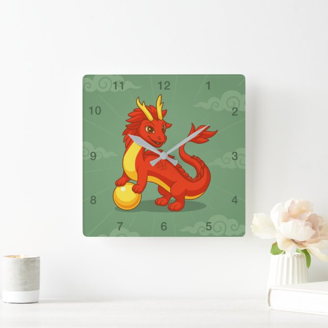 Red Chinese Dragon on Green Square Wall Clock (Home)