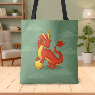 Red Chinese Dragon on Green Tote Bag