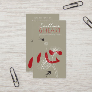 Red Chinese Heart & Oriental Swallows Birds Floral Business Card