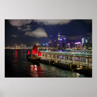 Red Chinese Junk in Hong Kong at Night Poster