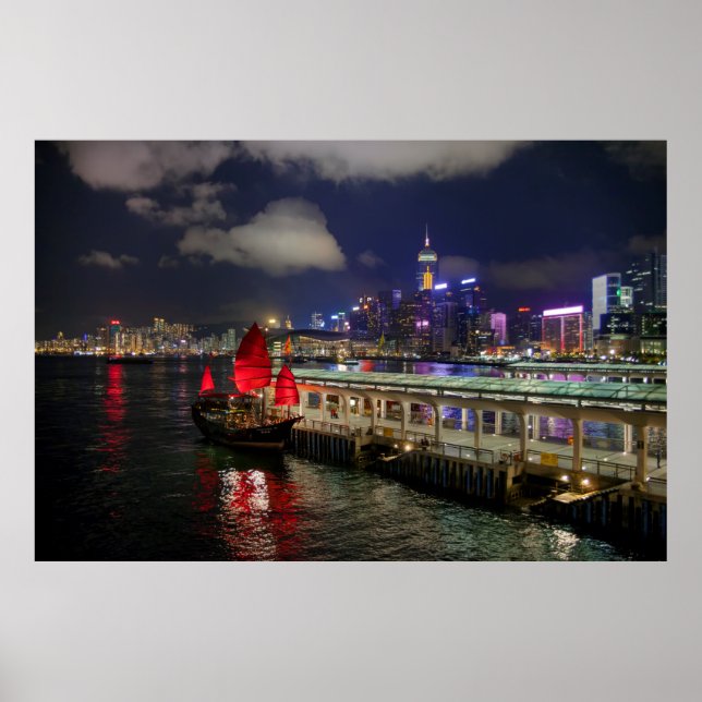 Red Chinese Junk in Hong Kong at Night Poster (Front)