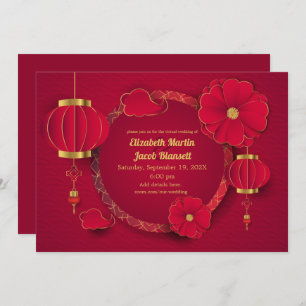 Red Chinese Lanterns & Flowers Virtual Wedding Invitation