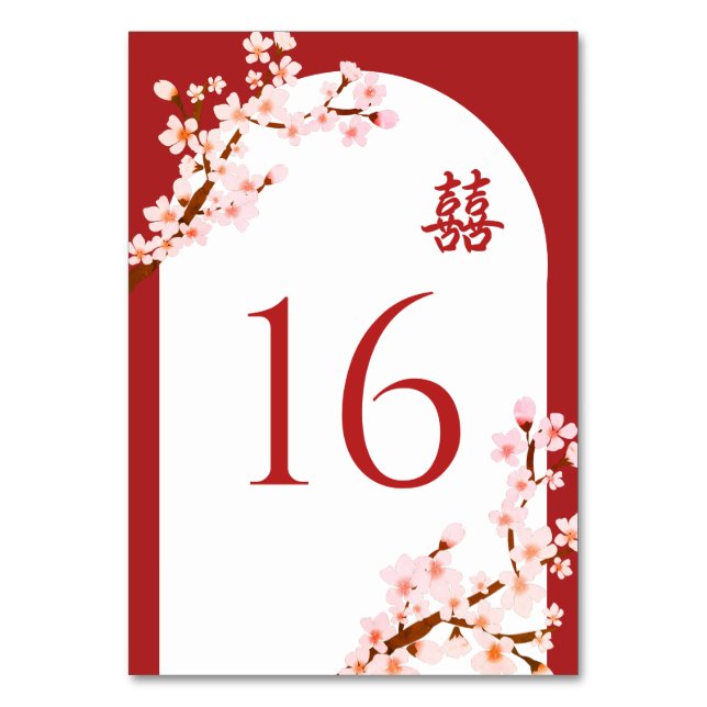 Red Chinese wedding cherry blossom arch Table Number (Front)