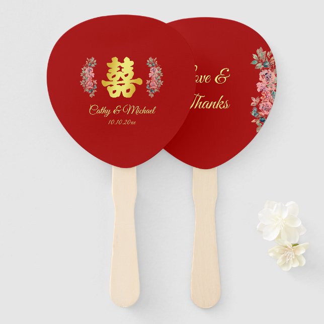 Red Chinese wedding double happiness floral Hand Fan (Front and Back)