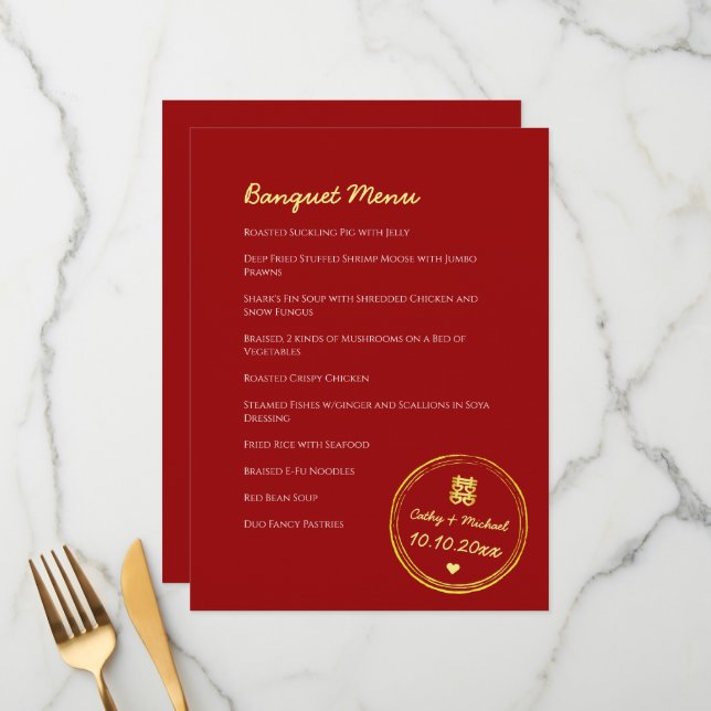 Red chinese wedding double happiness stamp menu (Front/Back In Situ)