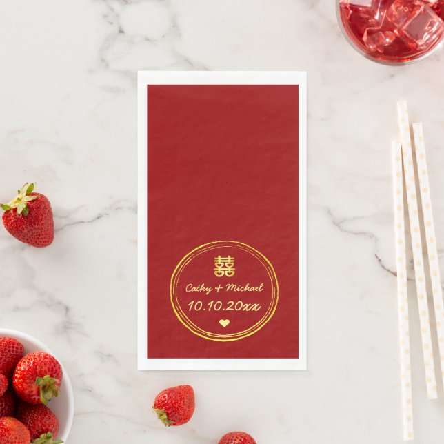 Red chinese wedding double happiness stamp napkin (Insitu)