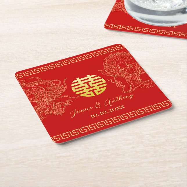 Red Chinese wedding dragon phoenix reception Square Paper Coaster (Angled)