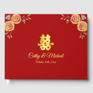 Red Chinese wedding orange floral tea ceremony Guest Book