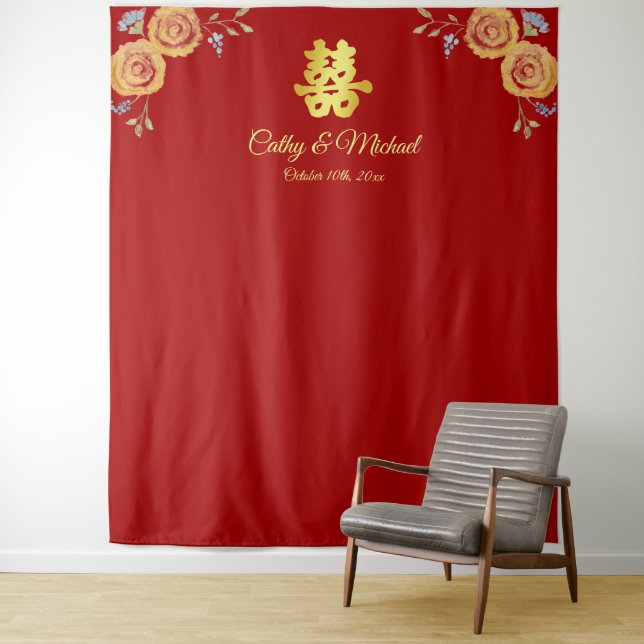 Red Chinese wedding orange floral tea ceremony Tapestry (In Situ)