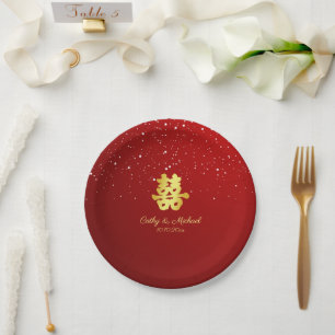 Red Chinese wedding snowflake double happiness Pap Paper Plate