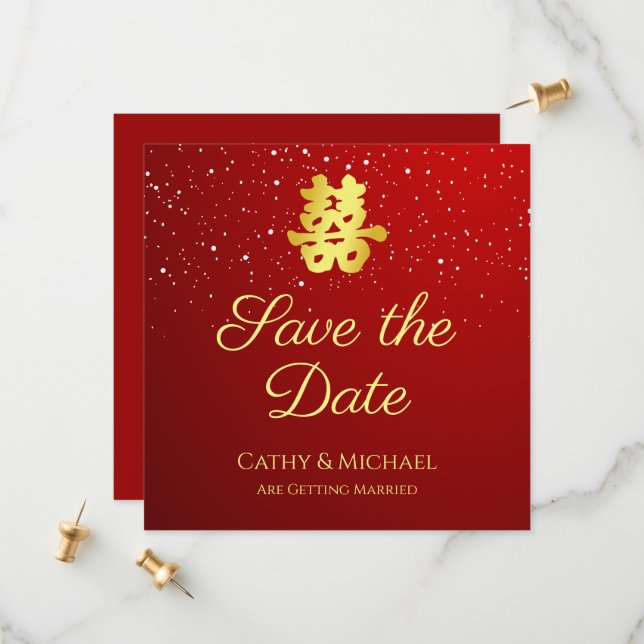 Red Chinese wedding snowflake double happiness Save The Date (Front/Back In Situ)
