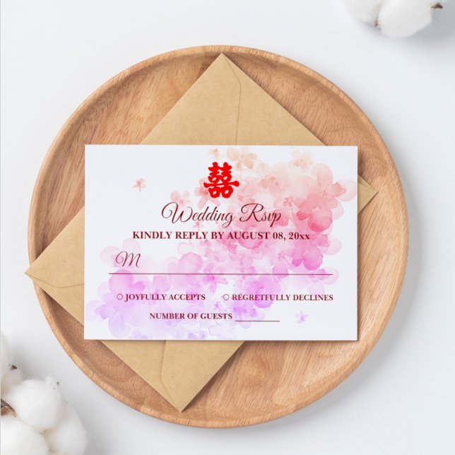 Red Chinese wedding watercolor cherry blossom RSVP Card (Creator Uploaded)