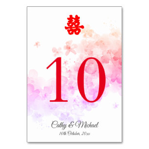 Red Chinese wedding watercolor cherry blossom Table Number