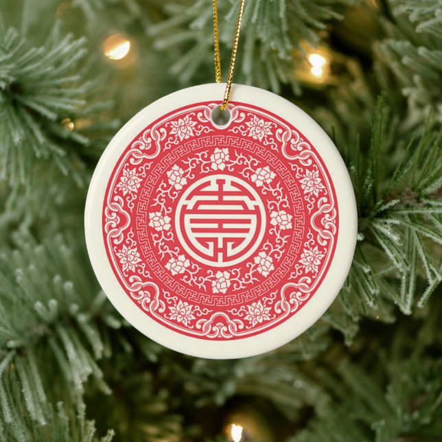Red Chinese WuFu Good Luck Symbol Ceramic Ornament (Tree)