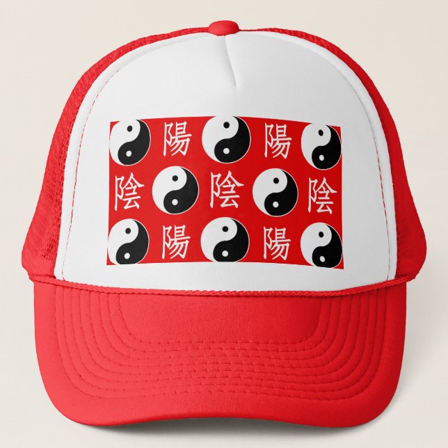 Red Chinese Yin Yang Pattern Trucker Hat (Front)