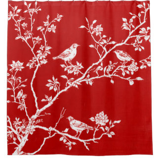 Red Chinoiserie Bird Shower Curtain | Elegant 