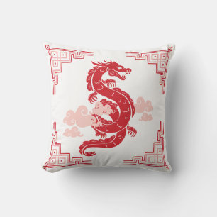 Red Chinoiserie Dragon and Clouds Cushion