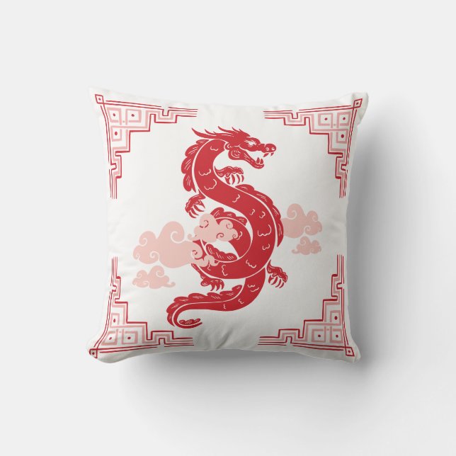 Red Chinoiserie Dragon and Clouds Cushion (Front)