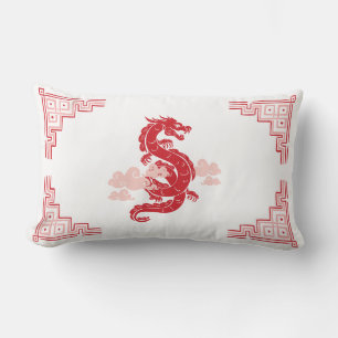 Red Chinoiserie Dragon and Clouds Lumbar Cushion