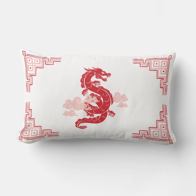 Red Chinoiserie Dragon and Clouds Lumbar Cushion (Front)
