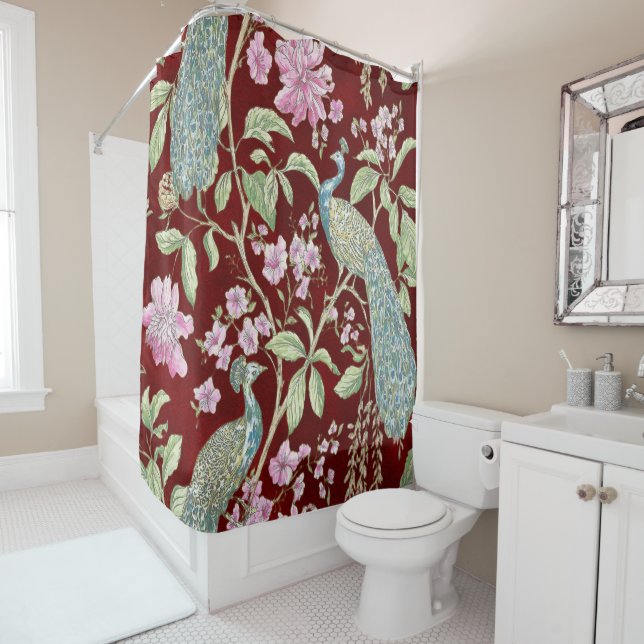 Red Chinoiserie peacock floral elegant  Shower Curtain (In Situ)