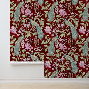 Red Chinoiserie peacock floral peel and stick Wallpaper