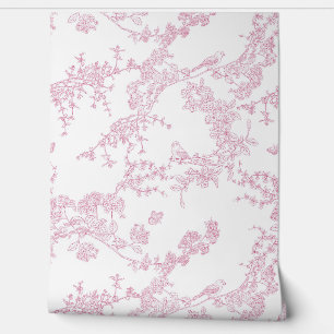Red Chinoiserie Toile de Jouy Birds Floral Garden Wallpaper
