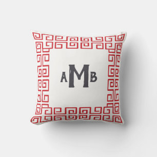 Red Chinoiserie Wide Greek Key Border Monogram Cushion