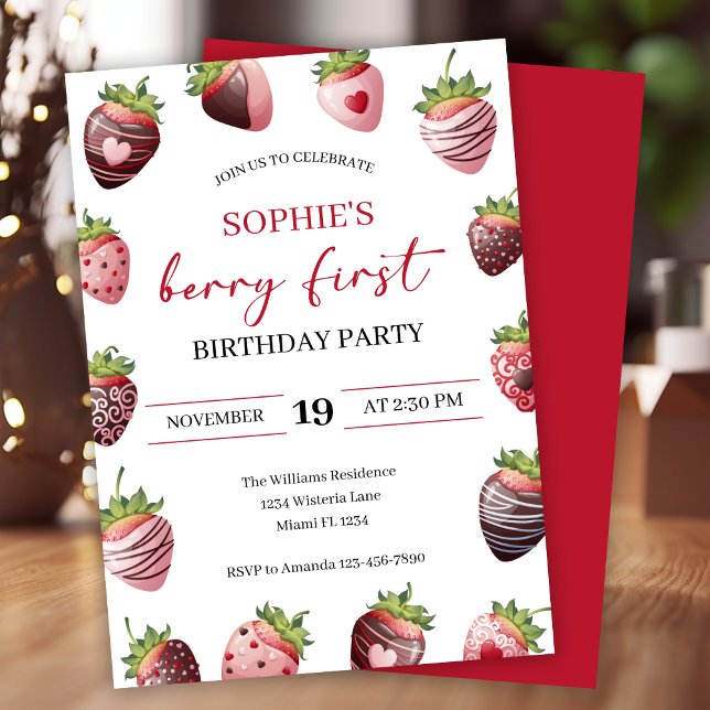 Red Chocolate Strawberry 1st Berry First Birthday Invitation (Creator Uploaded)