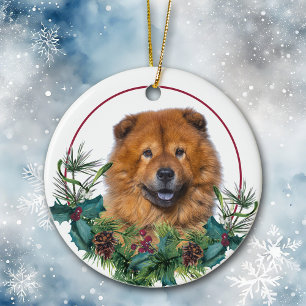 Red Chow Chow Dog Evergreen Berry Wreath Ceramic Ornament