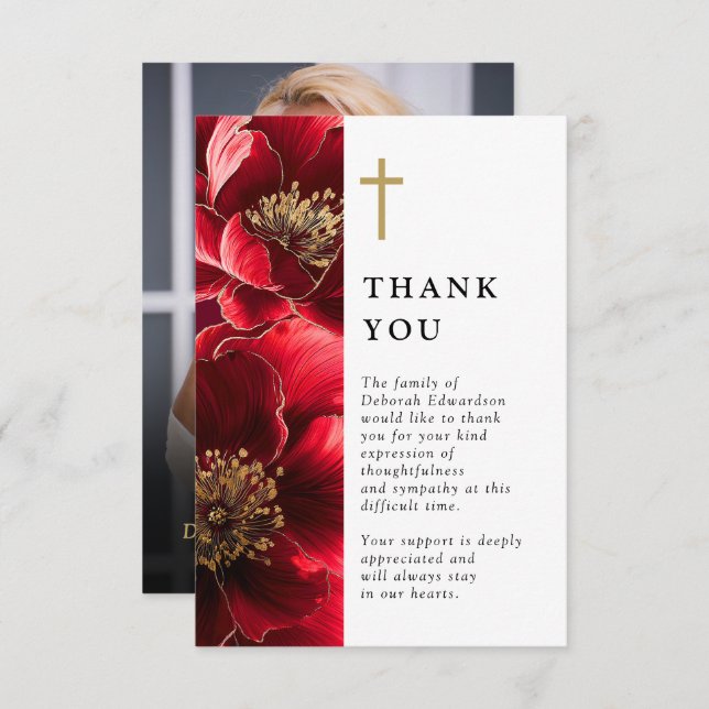 Red Christian Celebration Of Life Photo Thank You Card (Front/Back)