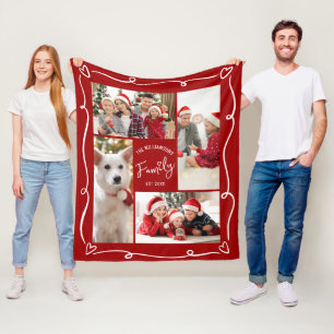 Red Christmas 4 Photo Family Year Est Heart Doodle Fleece Blanket