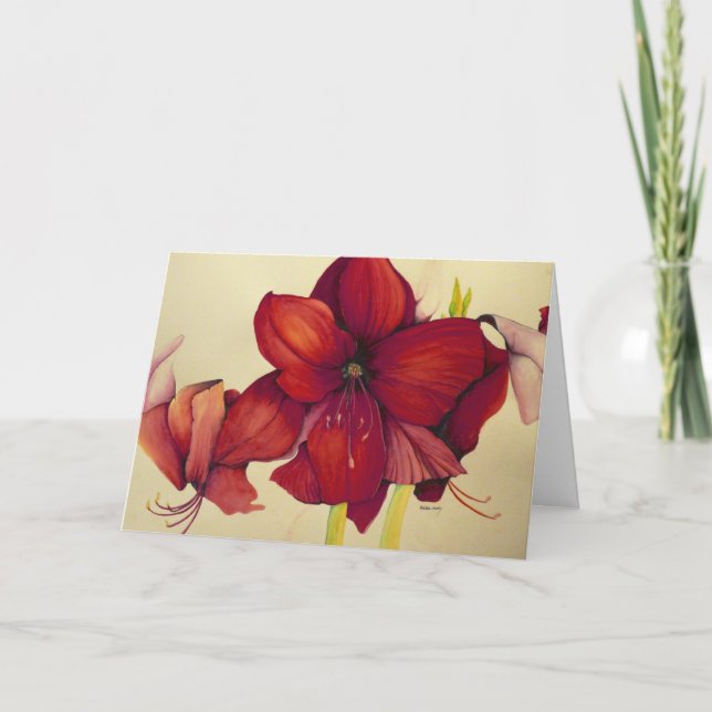 Red Christmas Amaryllis Painting Greeting Card (Front)