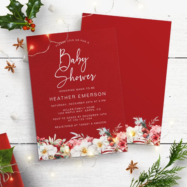 Red Christmas Baby Shower Invitation (Rustic Boho Watercolor Floral Christmas Holiday Baby Shower Invitation by Painted Paperie)
