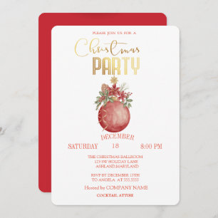 Red Christmas Ball,Poinsettia Christmas  Invitation