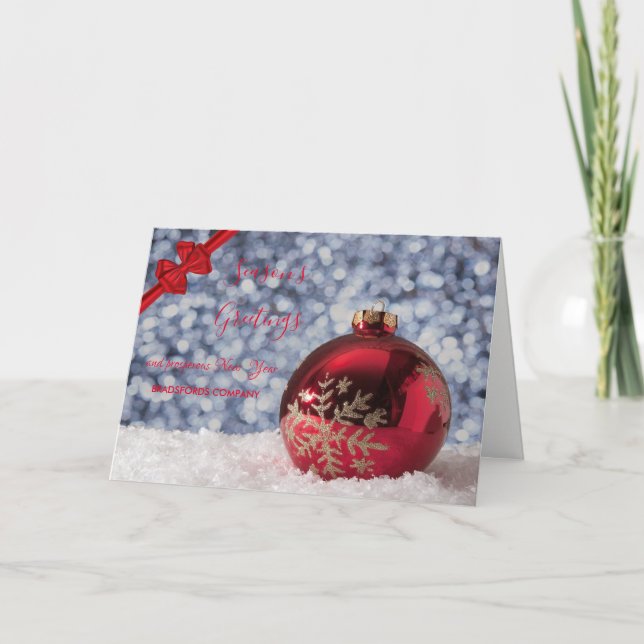 Red Christmas Ball, Red Bow, Corporate Greeting Holiday Card (Front)