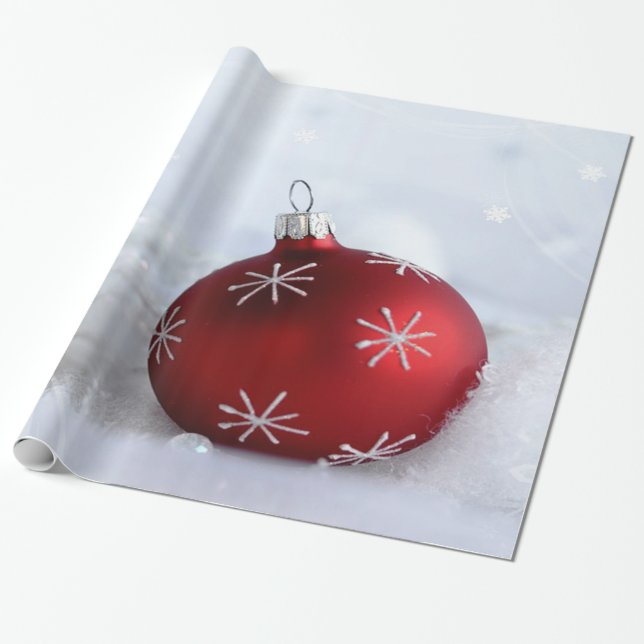 Red Christmas Ball Snowflakes Wrapping Paper (Unrolled)