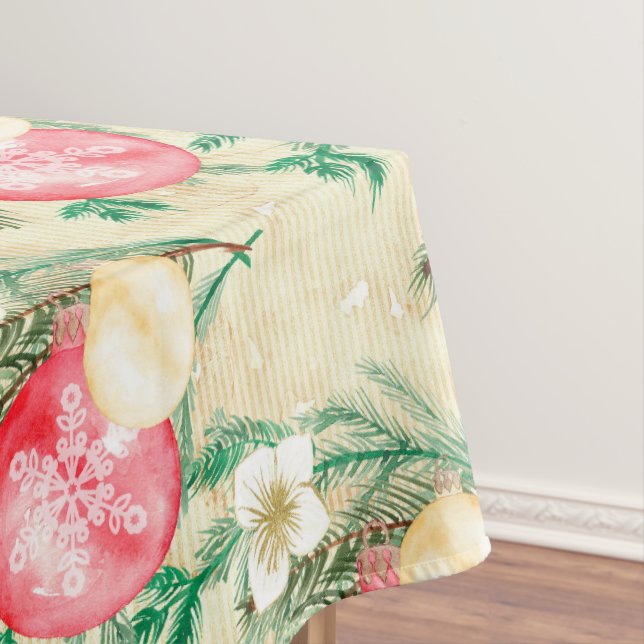 Red Christmas Balls Gold Stripes White Flowers Tablecloth (In Situ)